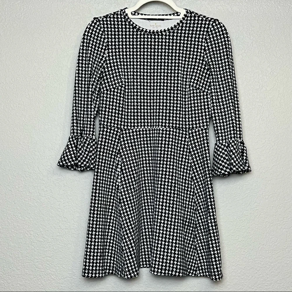 KATE SPADE Houndstooth 3/4 Ruffle Sleeves Stretch Crepe Fit & Flare Dress Size S